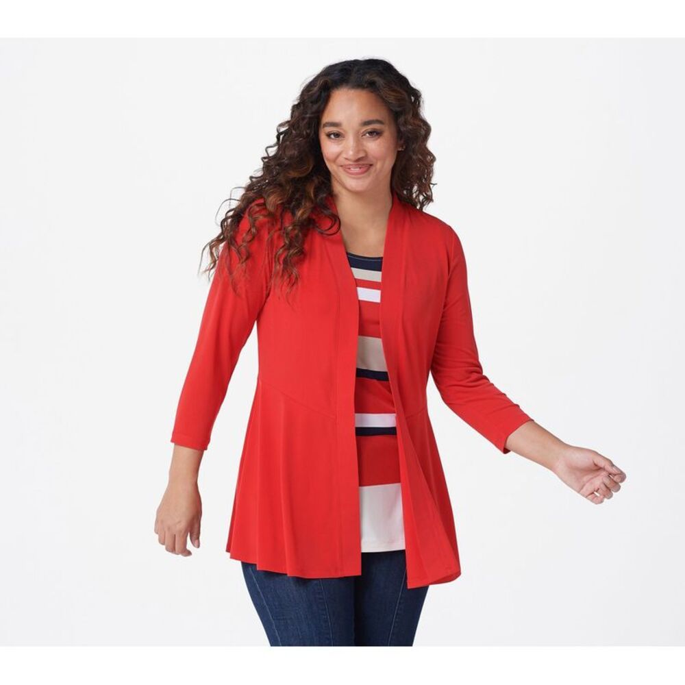 Susan Graver 2 Piece Set Sz S Liquid Knit Red Cardigan & Striped Tank A374103